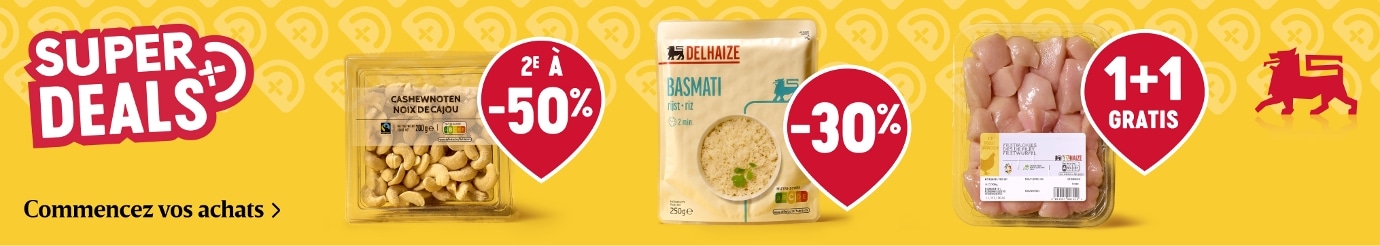 Promotions alimentaires Delhaize en Belgique avec produits à 50 % et 1+1 gratuit
