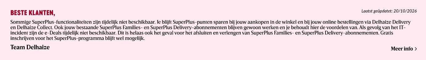 Delhaize-banner die een beperkte beschikbaarheid van de leverings- en afhaaldiensten aankondigt als gevolg van een IT-incident.