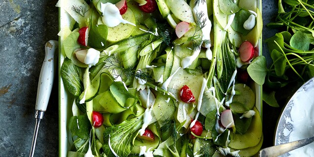 Salade van appel, koolrabi, postelein, radijzen, komkommer, dille en yoghurt
