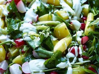 Salade van ratjes, lente-uitjes, radijzen, waterkers en wasabiyoghurt