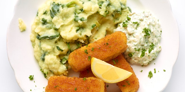 Fish Sticks, purée aux épinards et sauce tartare
