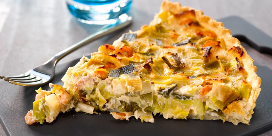 Quiche met prei en grijze garnalen