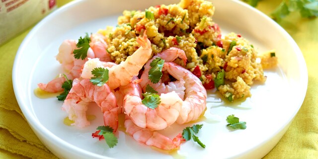 Roze garnalen en taboulé