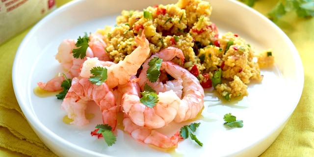 Roze garnalen en taboulé