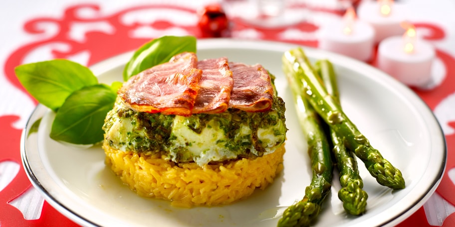 Groene kabeljauwmoot met krokante pancetta