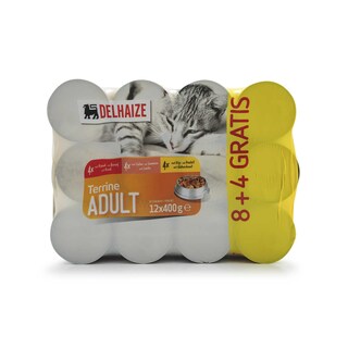 Delhaize | Aliment chat | Terrine | Saum-Poulet-Boeuf 8+4 