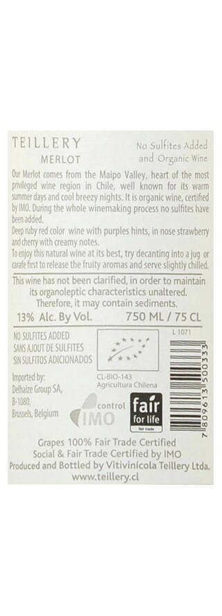 Chili | Maipo Valley | Teillery Merlot 15 Rood | Bio | Fairtrade 