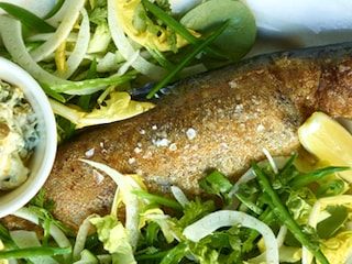 Forel met tartaar van zuring en salade
