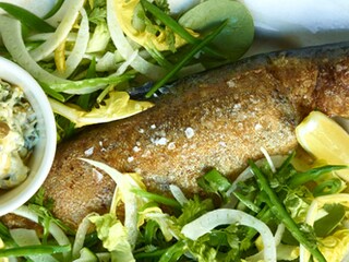 Forel met tartaar van zuring en salade