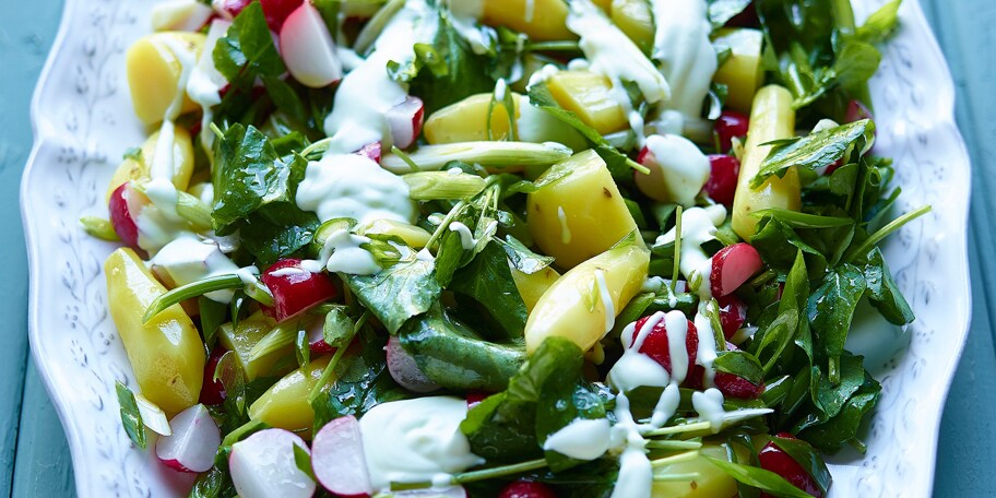 Salade van ratjes, lente-uitjes, radijzen, waterkers en wasabiyoghurt