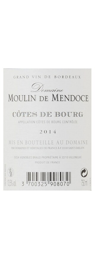 France - Frankrijk | Bordeaux - Côtes de Bourg | Domaine Moulin de Mendoce 2014 Rouge 