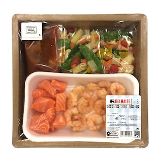Delhaize | Wok | Scampi, Saumon | Sauce aigre-doux 