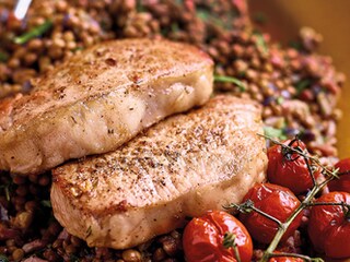 Escalopes de porc ibérique et salade chaude de lentilles