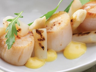 Asperges grillées, Saint-Jacques et sauce hollandaise