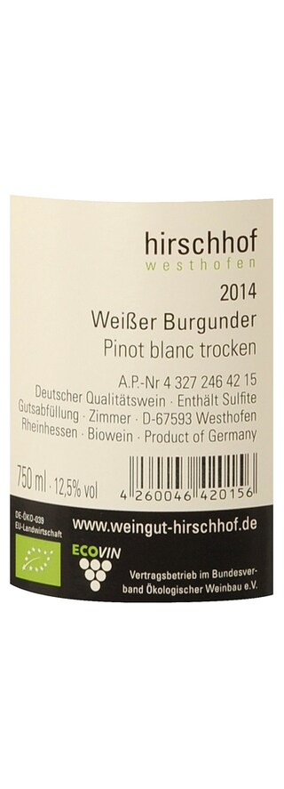 Allemagne - Duitsland | Rheinhessen | Weissburgunder Dry Wit | Bio 
