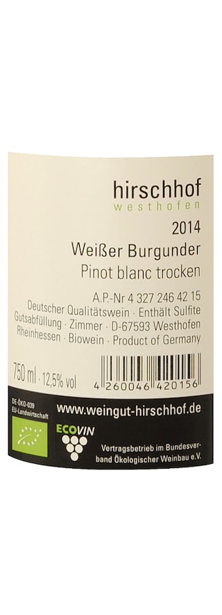 Allemagne - Duitsland | Rheinhessen | Weissburgunder Dry Wit | Bio 