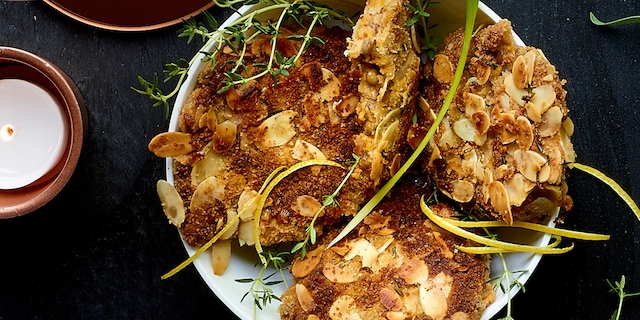 Croquettes de patates douces, lentilles blondes et amandes