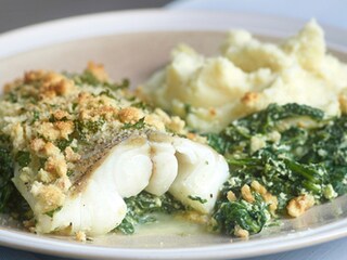 Gratin van kabeljauw met ricotta en spinazie