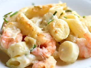 Gratin de penne aux cœurs de palmier et aux crevettes