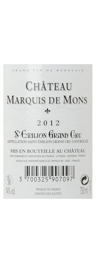 FR BORDEAUX SAINT EMILION GC | Château Marquis de Mons 2012 