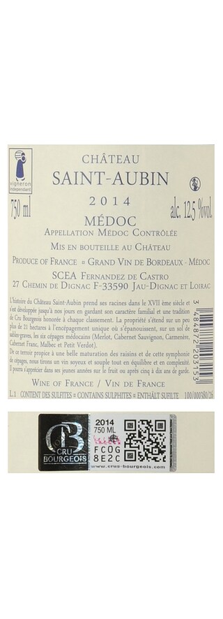 Fr Bordeaux Medoc | Château Saint Aubin 2014 