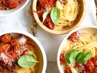 Spaghetti met hazenragout en gekonfijte tomaten