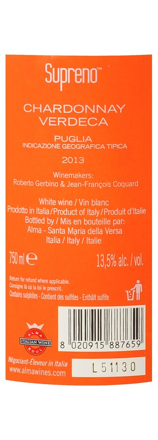 ITALIA - LOMBARDIA | Apulia IGP | Supreno Chardonnay 2013 Wit 