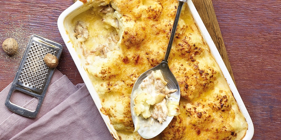 Bloemkoolgratin met puree en gehakt