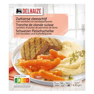 Delhaize | Tranche de viande suisse avec carottes puree 