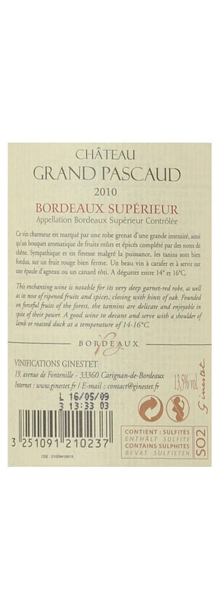 FR BORDEAUX SUPERIEUR | Château Grand Pascaud 2010 
