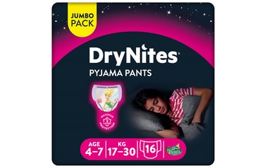 Huggies, DryNites, Culottes de nuit, Fille, Absorbant, 4-7 ans, 16 pc