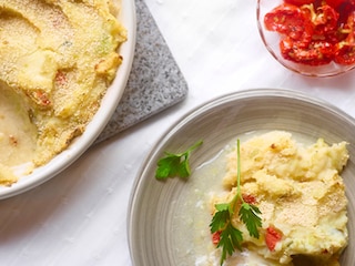 Fish pie met prei en gekonfijte tomaten