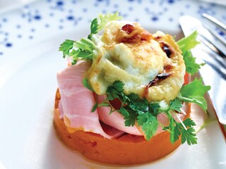 Geitenkaas met ham en zoete aardappel