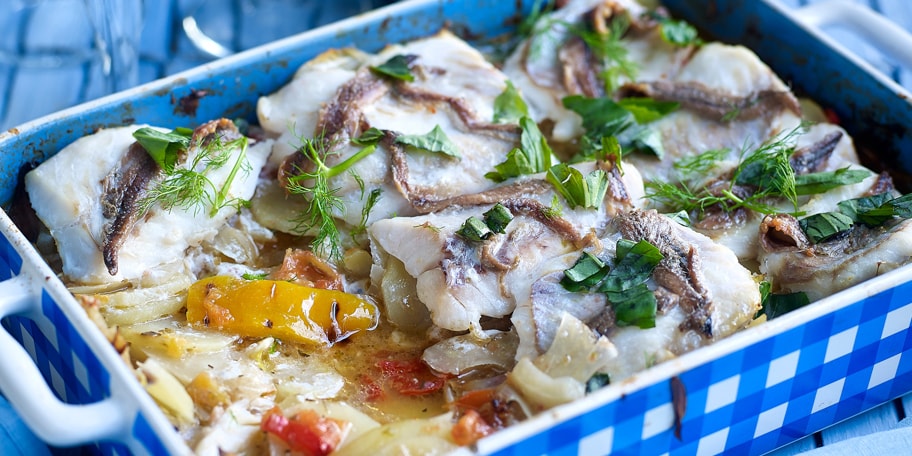 Roodbaarsfilet met gegrilde paprika en venkel