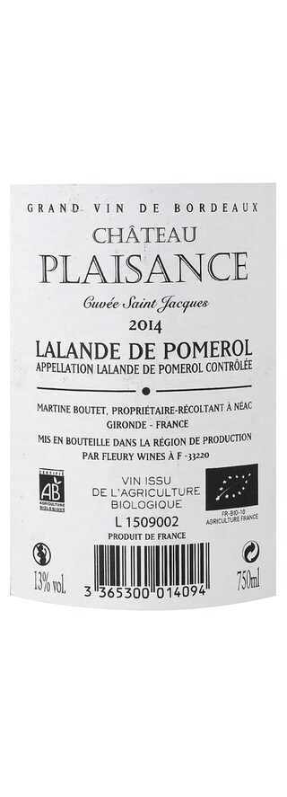 France - Frankrijk | Bordeaux - Lalande de Pomerol | Château Plaisance  2014 | Bio 