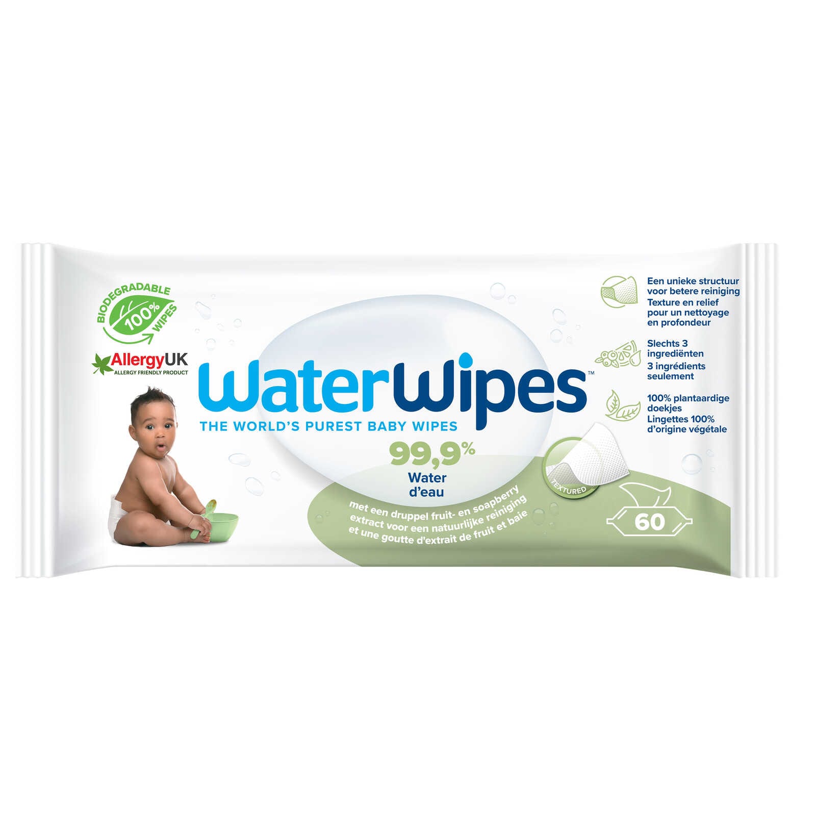 Waterwipes, Toddler Wipes, Débarbouillettes, Biodégradable, 60 pc