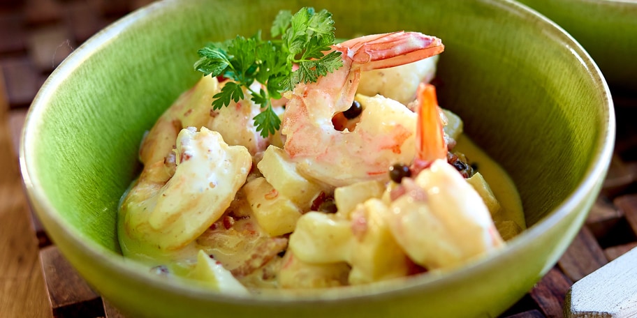 Scampi’s met spekblokjes en groene peper