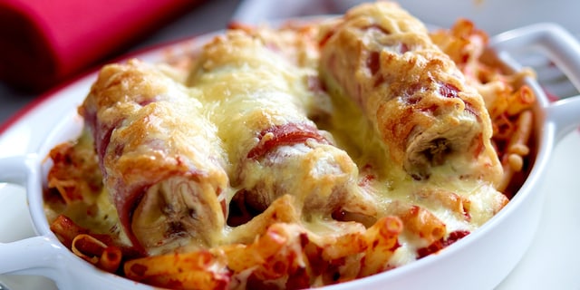 Gegratineerde bananen met ham