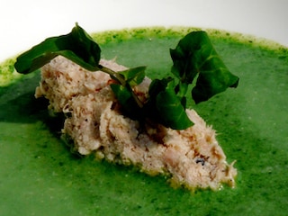 Rillettes de saumon et soupe glacée au cresson