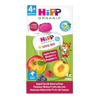 Hipp | Gourde | Pomme Pêche Fruits bois | 4M | Bio 
