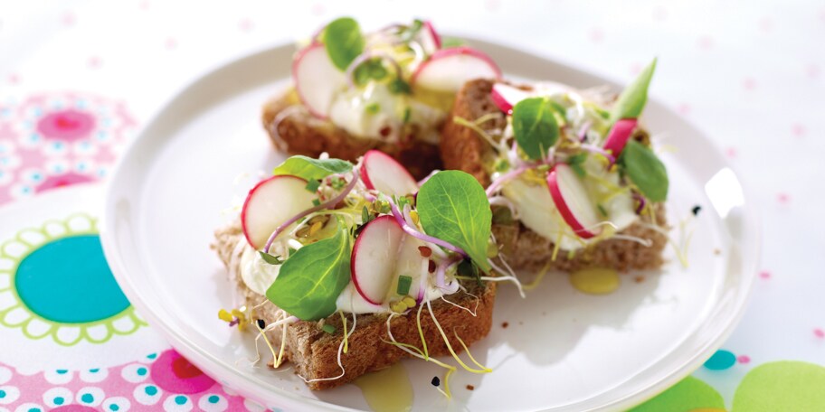 Tartine au fromage blanc, radis, mélange de germes et salade de blé