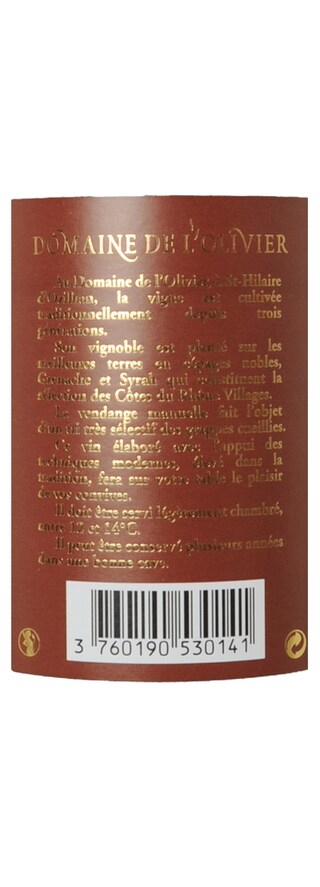 FR RHONE COTES DU RHONE VILLAG | Côtes du Rhône Villages AC | Domaine de L'Olivier 2013 Rouge 