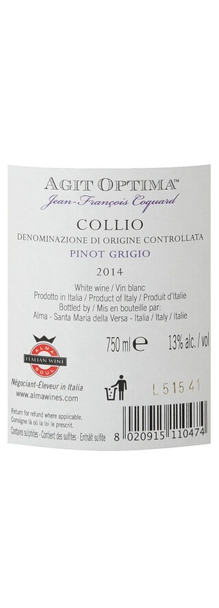 ITALIA - LOMBARDIA | Lombardia Collio DOC | Pinot Grigio Collio Agit Optima 2014 Blanc 