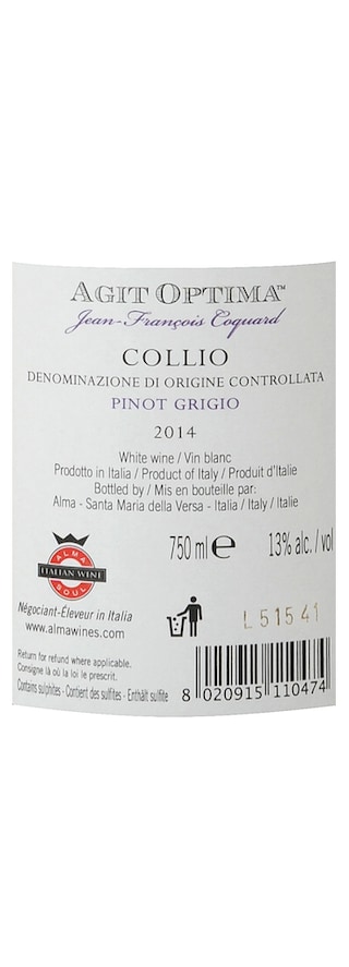ITALIA - LOMBARDIA | Lombardia Collio DOC | Pinot Grigio Collio Agit Optima 2014 Blanc 