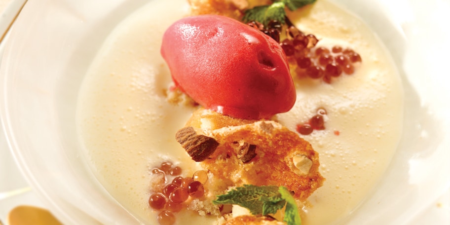 Gaspacho au chocolat blanc et à la noix de coco, sorbet à la framboise
