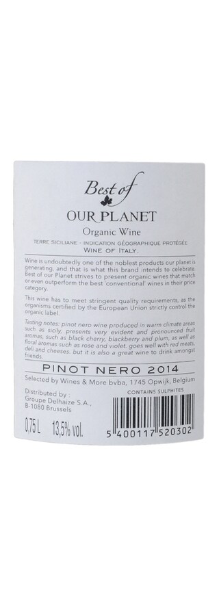 Italie - Italië | Terra Siciliane IGP | Best Of Our Planet Pinot Nero Rood | Bio 75 cl