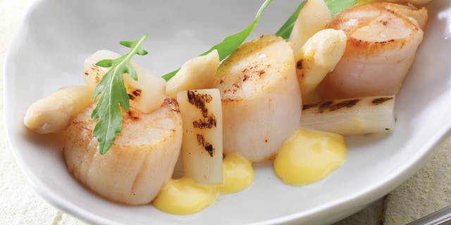 Asperges grillées, Saint-Jacques et sauce hollandaise