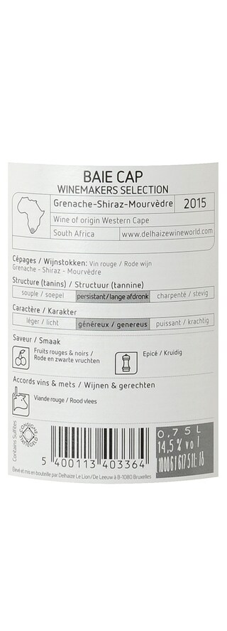 Afrique du Sud - Zuid-Afrika | Western Cape | Baie Cap Grenache / Shiraz / Mourvèdre Rood 