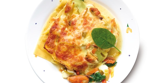 Lasagne van kabeljauw met mosselen