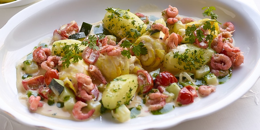 Waterzooi estival de roulades de sole et crevettes grises